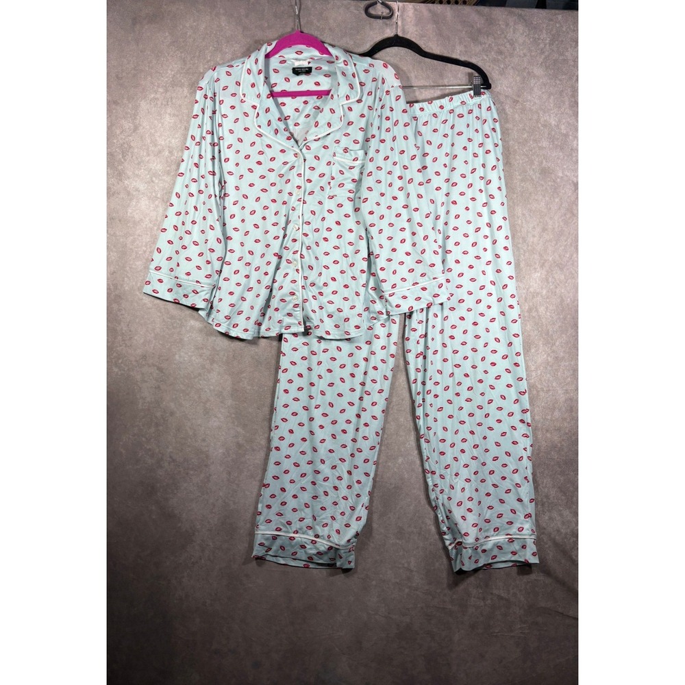 Kate Spade Pajama Set Women XL Blue Lips Sleepwear Two Piece Loungewear Button